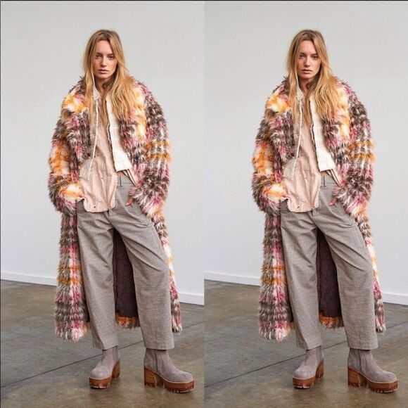 FREE PEOPLE Cardi Plaid Faux Fur Coat - Picture 1 of 8